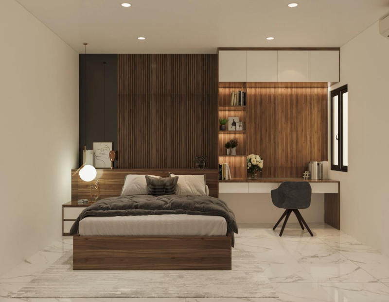 Chất liệu gỗ tự nhiên kết hợp với gam màu sáng nhẹ nhàng luôn là sự lựa chọn hàng đầu khi thiết kế phòng ngủ