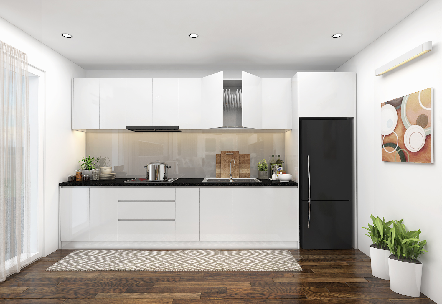Tủ bếp chữ I phong cách hiện đại với tông trắng chung màu vs căn nhà cùng những đường nét tối giản