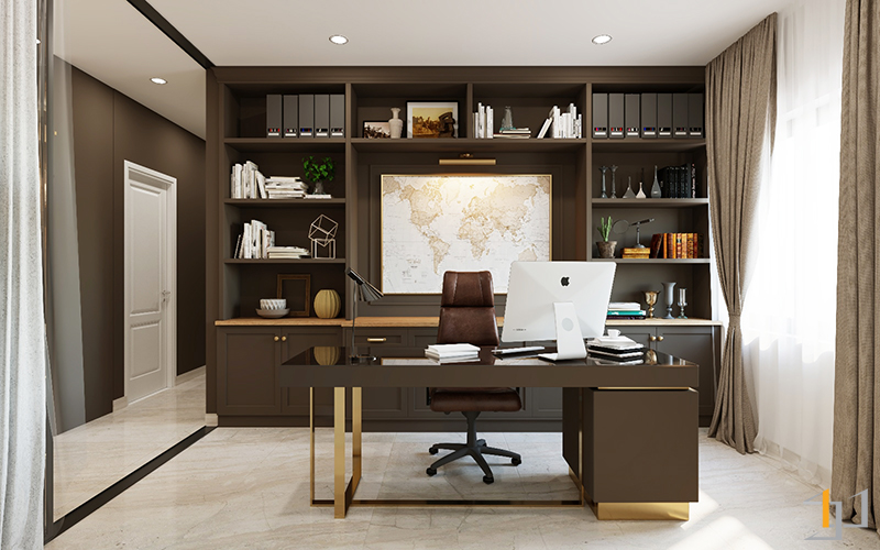 Phòng làm việc với nội thất gỗ nâu đất được thiết kể thêm các chi tiết mạ vàng đầy đẳng cấp