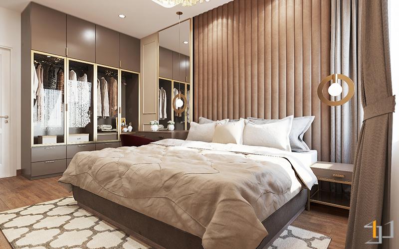 Phòng ngủ được thiết kế với gam màu trung tính và các chi tiết trang trí đầy sáng tạo và nổi bật