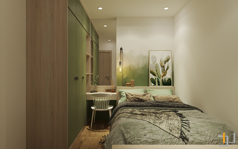 Không gian phòng ngủ vô cùng dễ chịu, mát mẻ với điểm nhấn là bức tranh sương rồng và kiểu dáng đèn ngủ độc đáo.