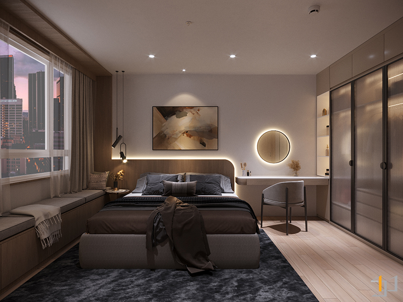 Phòng ngủ với gam màu trung tính kết hợp với hệ thống đèn âm đầy độc đáo, ấm cúng.