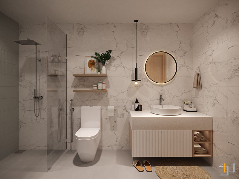 Sử dụng đá trắng vân xám ốp tường nhà vệ sinh mang lại nét đẹp tinh tế, đầy đẳng cấp.