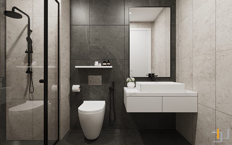 Nội thất nhà vệ sinh hiện đại cùng gam màu trắng – đen tương phản, nổi bật.