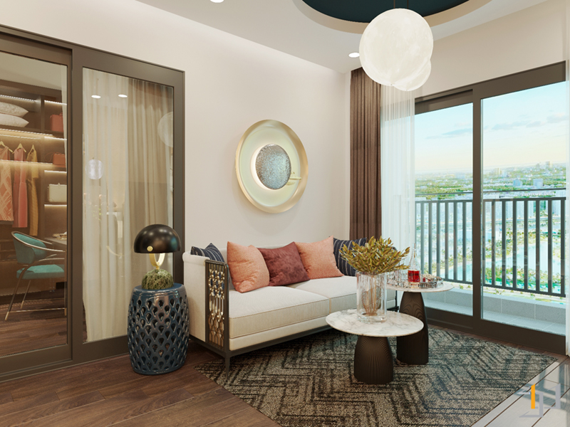 Không gian phòng khách với đường nét và màu sắc độc đáo của nội thất.