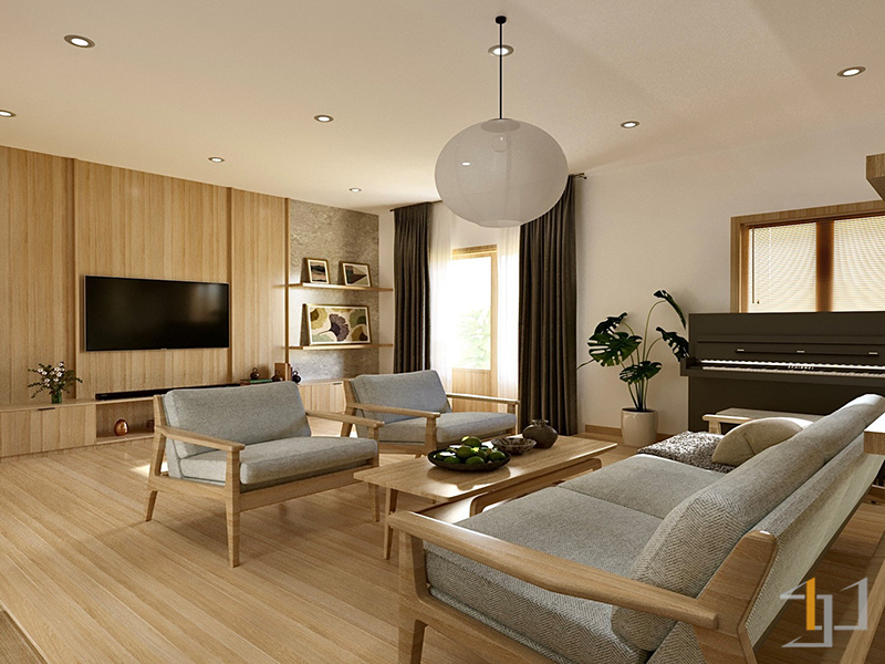 Không gian phòng khách đầy mộc mạc, ấm cúng với chất liệu gỗ chủ đạo