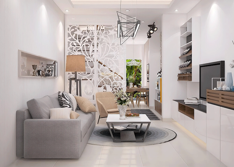 Không gian phòng khách với thiết kế mở cùng gam màu nhã nhặn tạo cảm giác rộng rãi