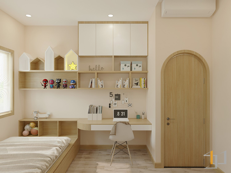 Không gian phòng ngủ dành cho trẻ với gam màu nhẹ nhàng cùng kiểu dáng cửa ra vào bo tròn mềm mại
