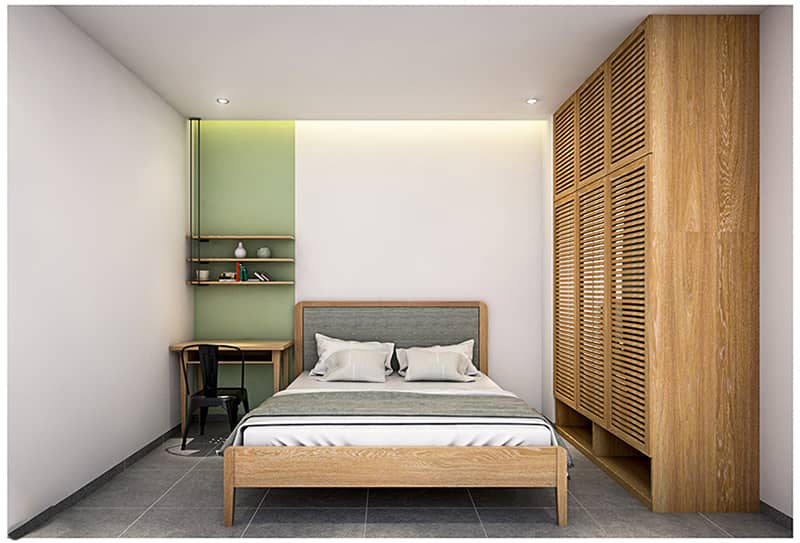 Không gian phòng ngủ với đường nét thiết kế tối giản, mộc mạc, cùng gam màu tươi sáng mang lại sự thư giãn