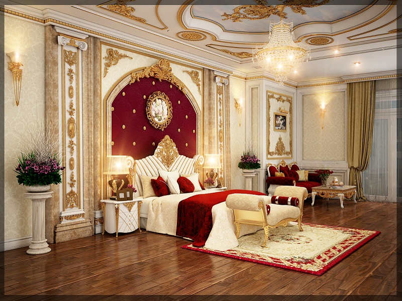 Phòng ngủ phong cách cổ điển nổi bật với các hoa văn được chạm khắc tinh xảo, công phu. 