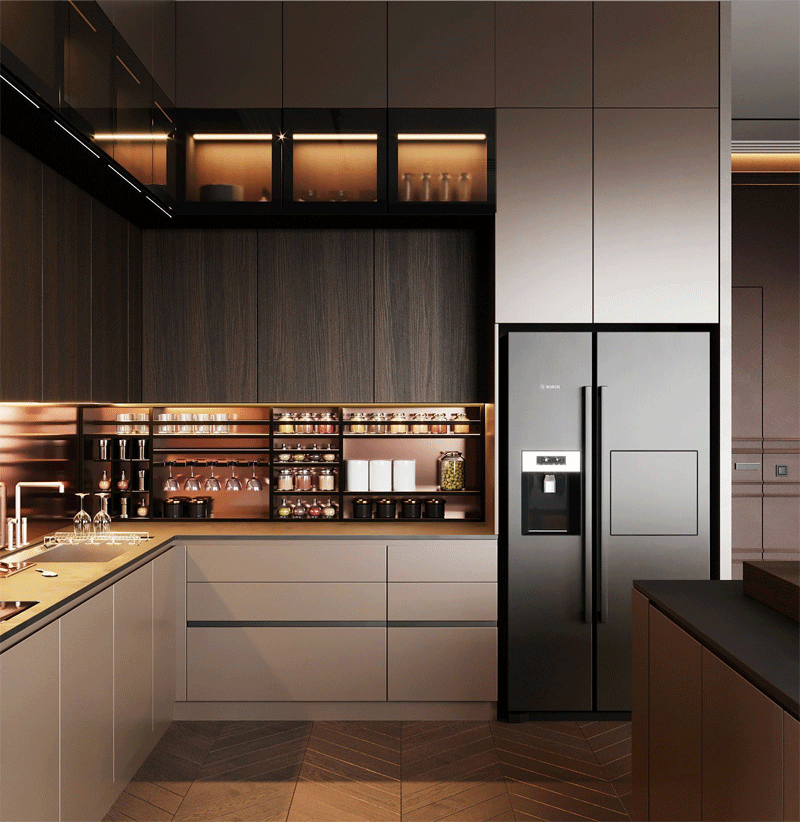 Không gian bếp đương đại với cách bày trí nội thất và hệ thống đèn âm tủ ấn tượng.