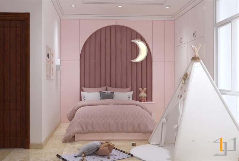 Phòng ngủ bé gái được thiết kế với tông màu hồng đầy ngọt ngào và dễ thương