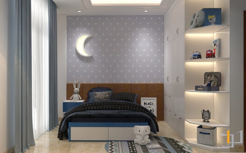 Phòng ngủ bé trai với tông màu xanh dương đầy mạnh mẽ và năng động