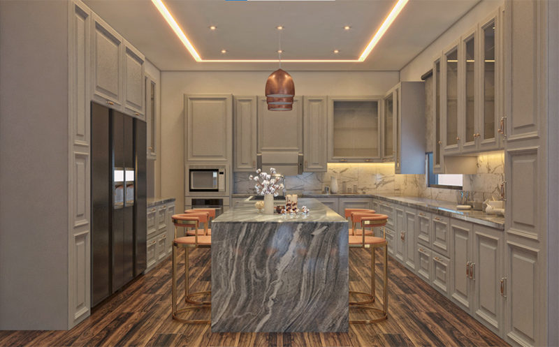 Chất liệu gỗ tự nhiên và đá Marble mang đến diện mạo đẳng cấp cho mẫu nội thất phòng bếp đẹp phong cách cổ điển
