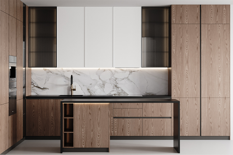 Đường nét thiết kế tối giản, dứt khoát trong mẫu nội thất phòng bếp đẹp phong cách hiện đại