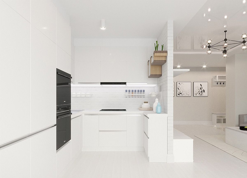 Phòng bếp chữ U tông trắng đơn giản và tinh tế