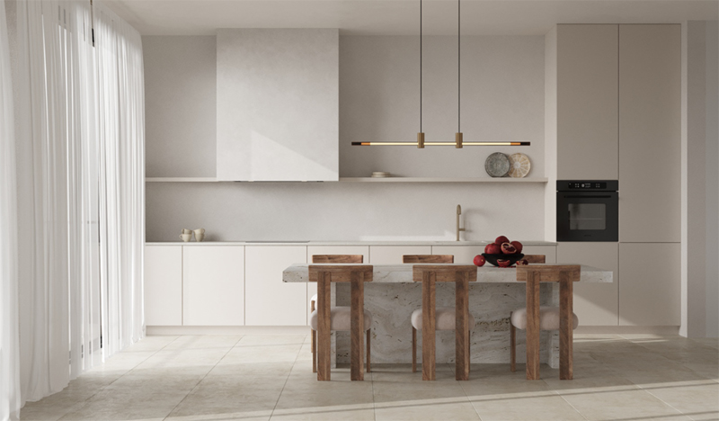 Mẫu nội thất phòng bếp đẹp phong cách tối giản với tông màu trắng thanh lịch