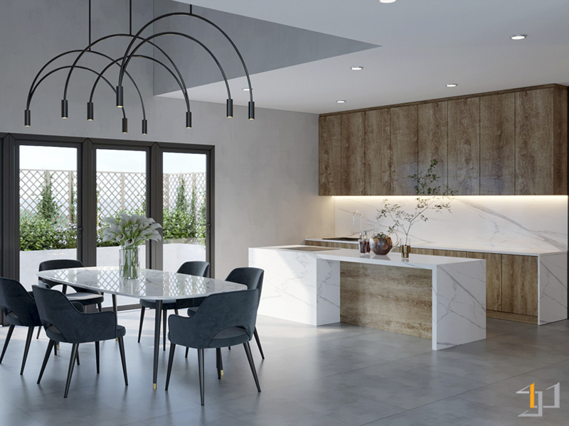 Phòng bếp hiện đại có bàn đảo với tông màu trắng và nâu gỗ nhạt