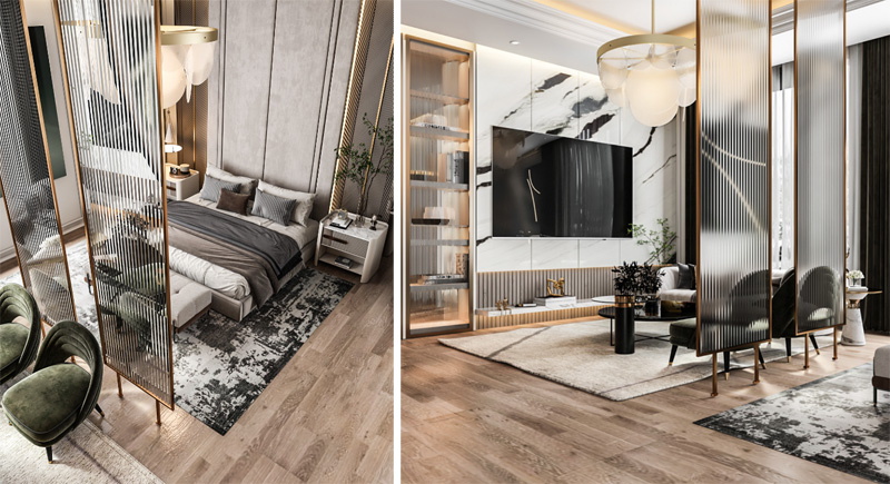 Vách ngăn kính mờ tạo ra sự đa dạng khu vực chức năng trong phòng ngủ