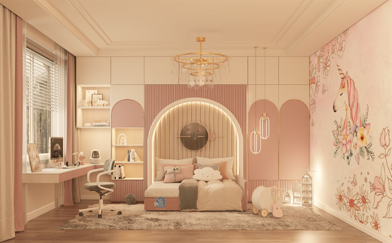 Thiết kế phòng ngủ bé theo chủ đề cầu vồng và kỳ lân đáng yêu