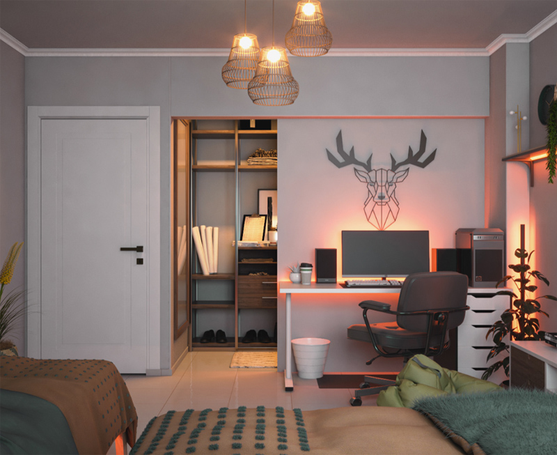 Hình ảnh đầu hươu geometric cùng hệ đèn led ánh đỏ làm nổi bật khu vực bàn học