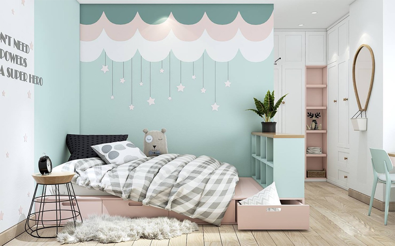 Thiết kế phòng ngủ bé gái với 2 tông màu hồng - xanh kinh điển