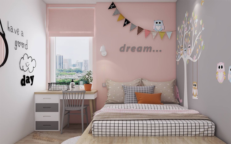 Thiết kế phòng ngủ bé gái trên 6 tuổi với tông màu hồng Pastel xinh xắn