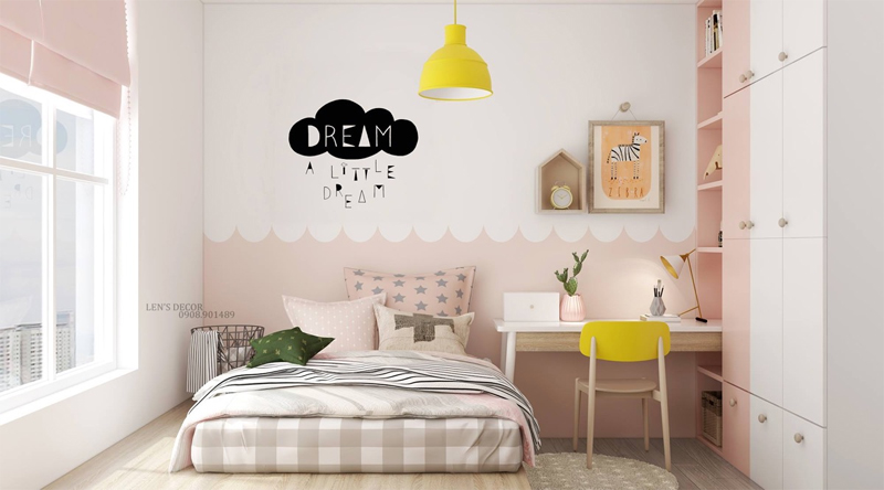 Thiết kế phòng ngủ bé gái trên 6 tuổi với tông màu hồng Pastel - trắng