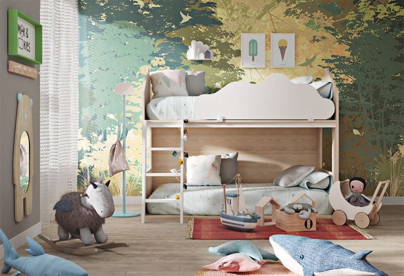 Phòng ngủ trẻ em có giường tầng được trang trí theo chủ đề thiên nhiên cây cối