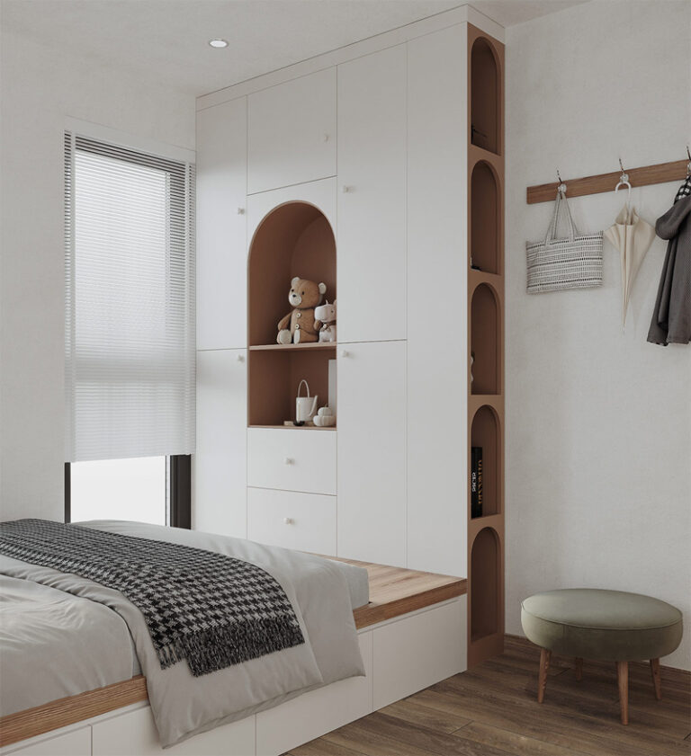 Thiết kế giường bục thường được ứng dụng trong các không gian phòng ngủ căn hộ